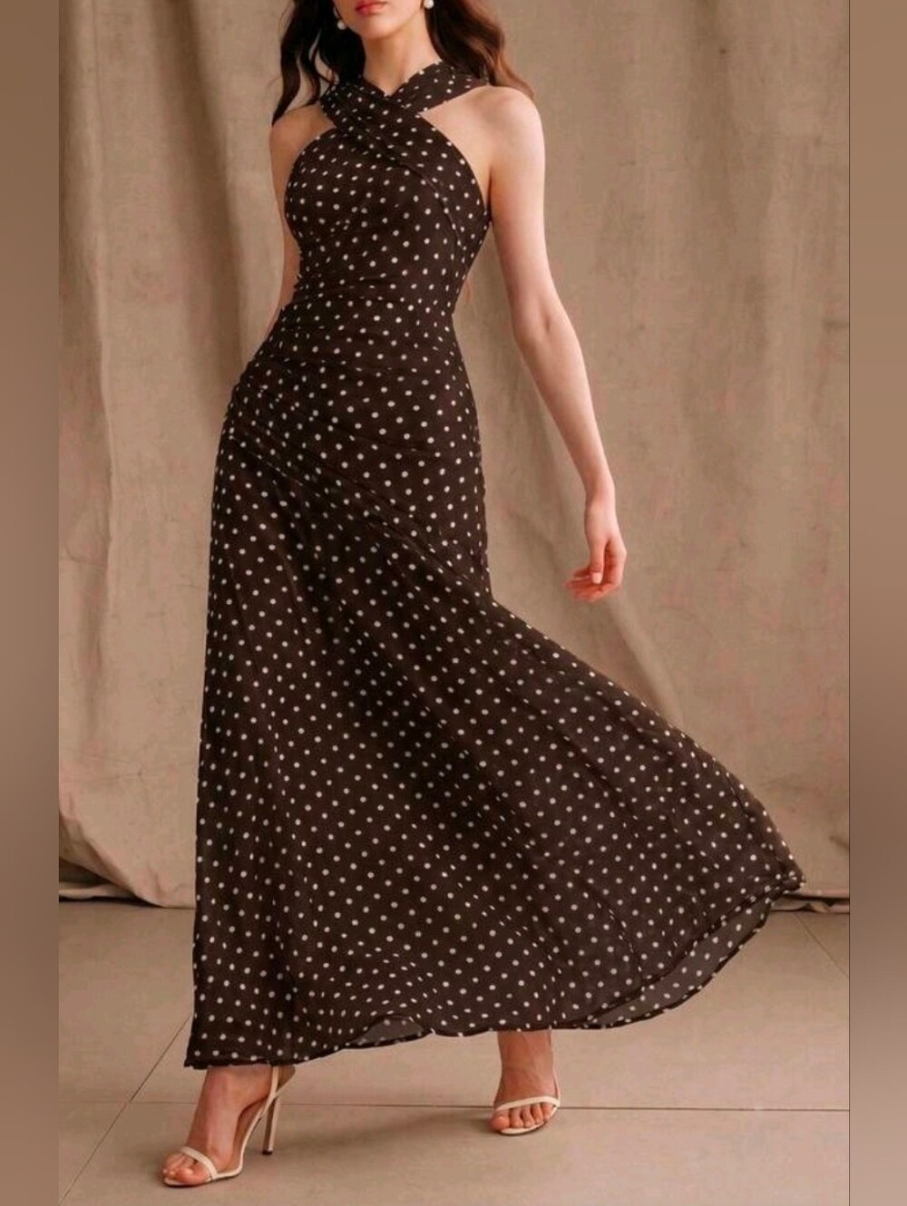 New Flowy Chiffon Polka Dot Halter Ruched Maxi Dress Brown White - Picture 2 of 13